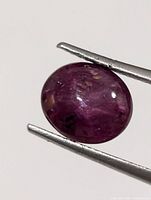 Front view of oval purple star sapphire held by tweezers