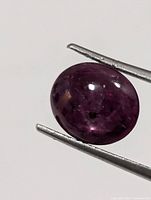 Front view of oval cabochon star ruby held by tweezers
