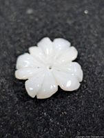 Front view of carved mother-of-pearl flower bead showing petals and central hole