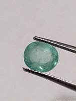 Emerald cabochon held by tweezers, showing face