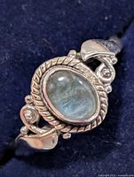 Front view of silver ring showing labradorite cabochon and decorative shoulders