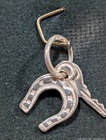 Front view of silver horseshoe and key charms on ring with hook