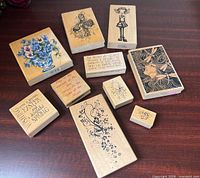 All nine PSX wood-mounted rubber stamps laid out on table