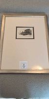 Full view of framed etching with mat and frame