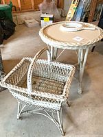 Round wicker table, basket planter and handheld mirror
