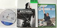 Group photo showing all four items: loose Destiny 2 disc, sealed Xbox 360 Batman: Arkham City, Batman: Gotham Knight DVD with sleeve, sealed Xbox Series X Madden NFL 23