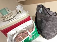 Overall lot with Thermos cooler, two cooler bags, dishes and mugs