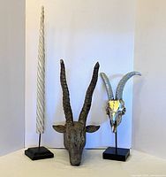 All three freestanding decor pieces: narwhal tusk, wood antelope head, silver ram skull