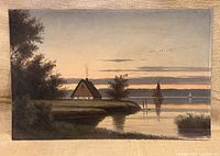 Full view of oil painting showing cottage, boats, sunset on lake