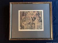 Full view of framed monotype showing frame, mat and artwork