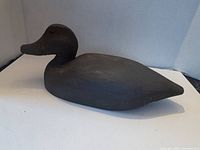 Full side view of black painted wooden duck decoy