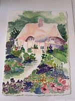 Full view of watercolor painting showing cottage and garden