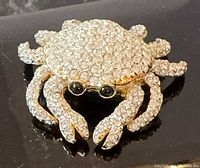 Brooch close-up showing gold plating, crystal pavé, black eyes