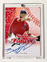Front of 2004 Bowman Signs of the Future Brandon Wood autographed card in screw-down case