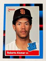 Front of Roberto Alomar Donruss rookie card showing portrait and Rated Rookie logo