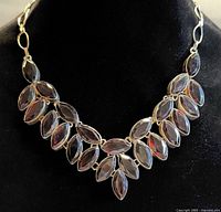 Front view of garnet leaf-style sterling silver choker on bust