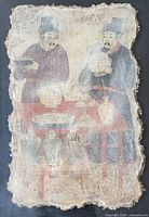 Close view of mural fragment showing two figures and pottery