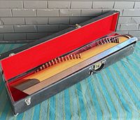 Zither in open hard case, showing red interior lining and overall instrument layout