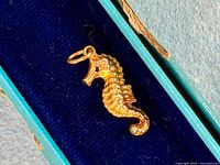 Close view of full seahorse charm in blue velvet-lined box