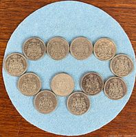 Group shot of 13 Canadian 50-cent coins arranged on blue felt