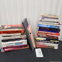 Two stacks of assorted books on tabletop