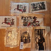 All seven papyrus artworks on floor in plastic sleeves