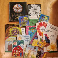 Overhead view showing entire assortment of 13 children’s books and activity workbooks