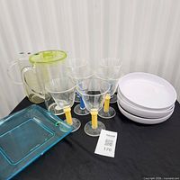 Group shot of pitchers, glasses, bowls and tray