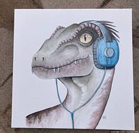Front view of the 12" x 12" dinosaur headphone canvas print
