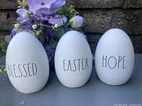 Front view showing all three labeled eggs