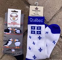Both pairs of souvenir socks in packaging displayed on ground