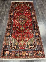 Full view of handmade Hamadan Persian rug showing overall design and colors