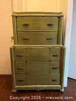Front view of jade green dresser with stacked drawer configuration