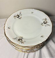 Stack of plates showing rim design, gold trim, floral motif