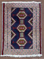 Full view of Torkaman rug showing overall pattern and fringe