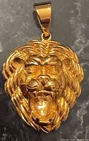 Front view of gold plated lion head pendant with bail