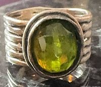 front view of sterling silver ring with green stone