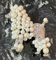 front view of poodle brooch showing pearl body and rhinestone sections