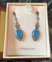 Earrings in box showing full view and turquoise inlay