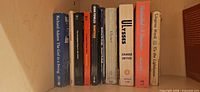 Shelf row with Richard Adams, John Fowles, James Joyce Ulysses, Virginia Woolf To the Lighthouse and other titles