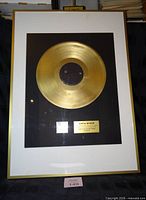 Full view of framed gold record award with frame, record, plaque visible