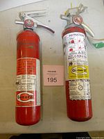 Both fire extinguishers standing upright showing full view and gauges