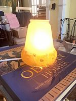 Lit view of one frosted glass shade showing sunflower motif