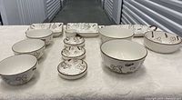 All 16 bear pattern dinnerware pieces laid out