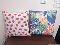 Front view of both pillows on table showing patterns and size
