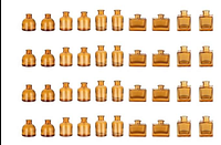 Rows of amber glass mini vases in two shapes