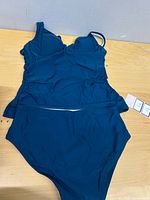 front view of teal blue swimsuit pieces