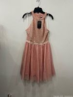 Front view of pink Dressystar halter dress with sequin bodice and tulle skirt, tag visible