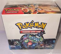 Front of sealed Pokémon TCG Stellar Crown booster box showing logo and artwork