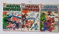 Front covers of three Official Handbook of the Marvel Universe Deluxe Edition comic books issues #5, #6, #8